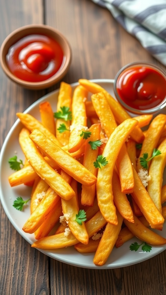 Crispy air fryer baked fries garnished with parsley, served with ketchup on a rustic table.